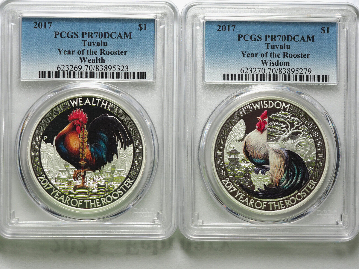 2017 TUVALU 2 COIN SET WEALTH & WISDOM ROOSTER 2 OZ .9999