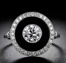 Art Deco Style 2Ct Lab Created Diamond & Black Onyx Anniversary 925 Silver Ring