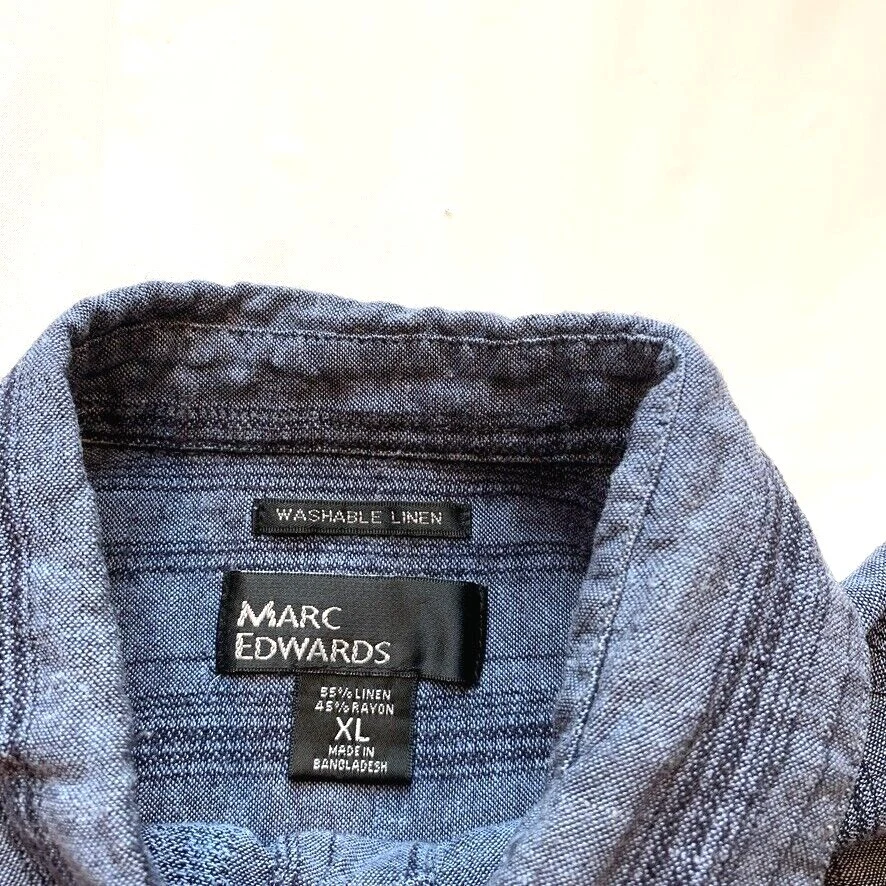 Marc Edwards Shirt Mens Extra Large Blue Striped Button Up Linen Pocket Casual - Image 3 of 4