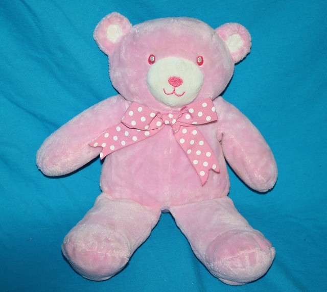 Baby Girl Pink Plush TEDDY BEAR RATTLE 13" Polka Dot Bow Soft Toy Sewn