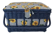 Vtg Wicker Sewing Basket Blue With Sunflowers Notions Storage Box With Handle