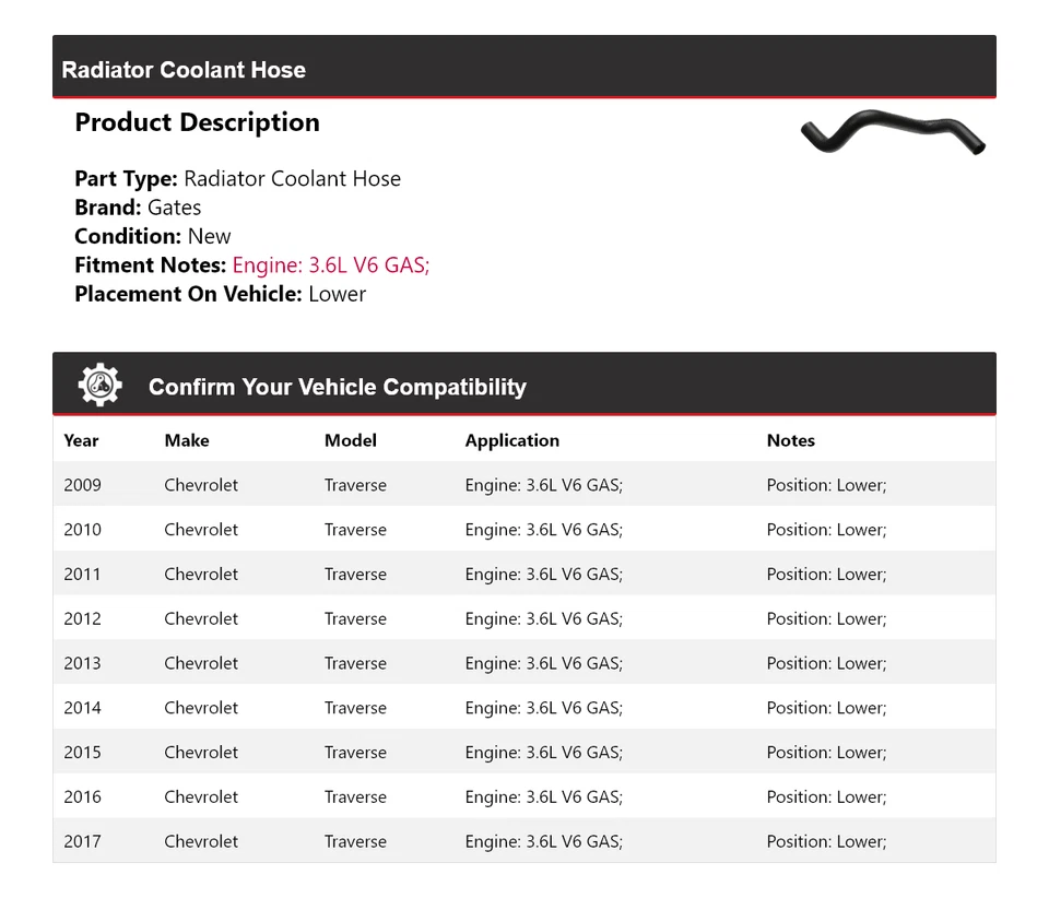 Manguera de refrigerante de radiador de gas V6 de 3,6 L para Chevrolet Traverse 2009-2017 puertas inferiores Foto 2 de 4