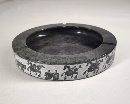 Vtg Marble Stone Etched Ashtray Cigarette Holder Horse Drawn Chariots Green 9"