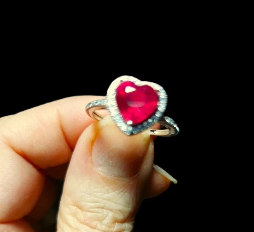 NATURAL RUBY + CZ 925 STERLING SILVER 14K WHITE GOLD PLATED RING - Immagine 2 di 4