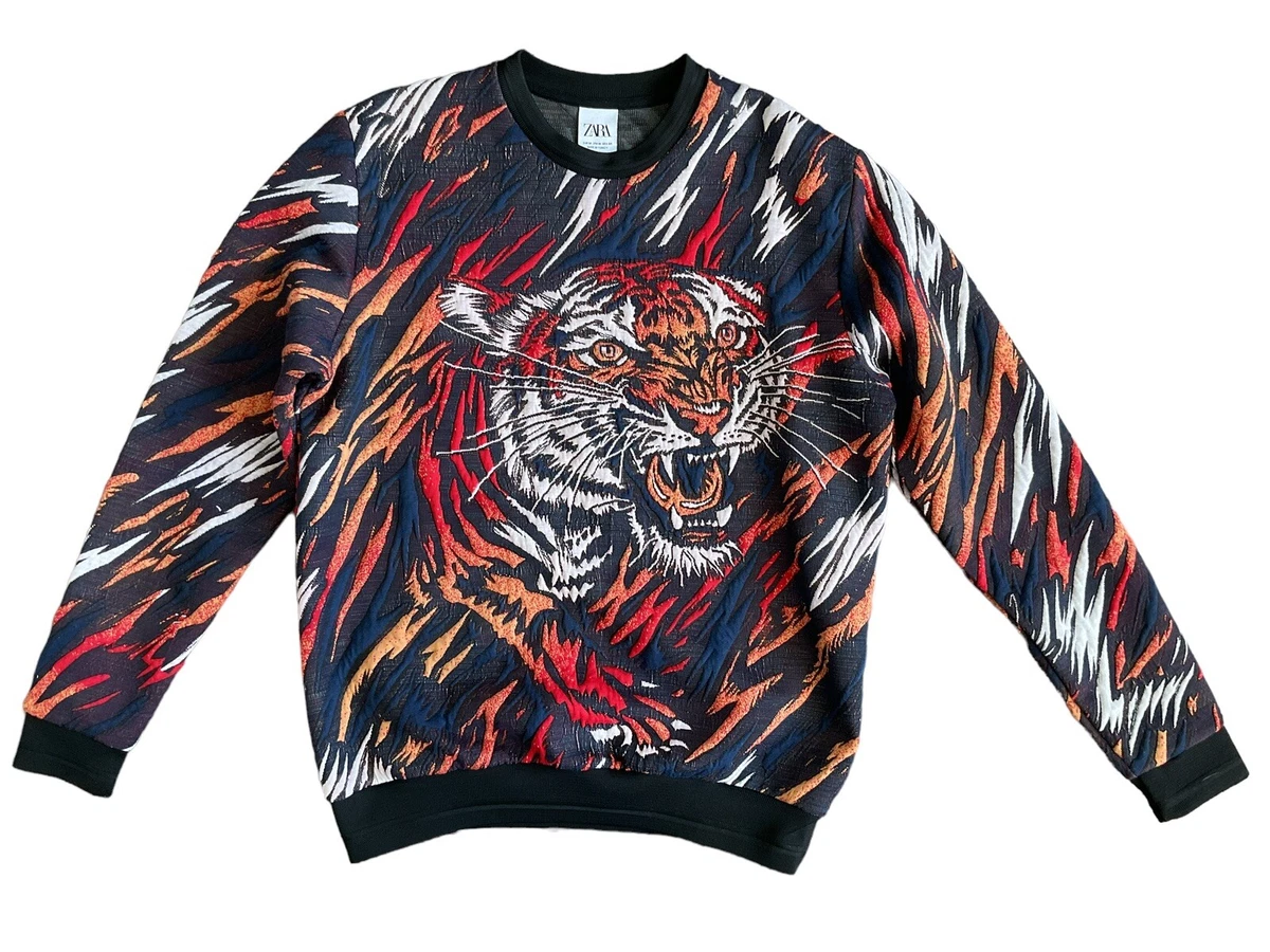 Zara Tiger Flames Textured Sweatshirt Sweater Coogi Style Men s Sz