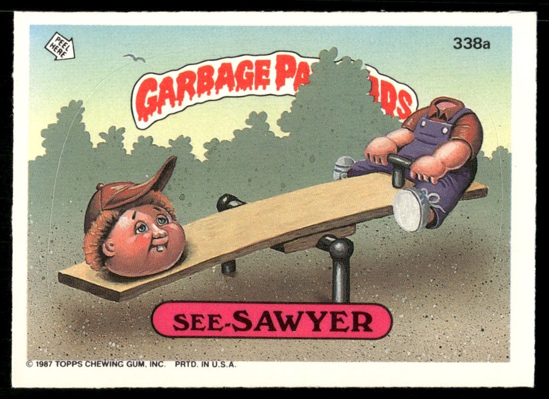 See-SAWYER #338a 1987 Garbage Pail Kids trading card — raw and PSA graded price guide