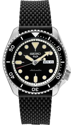 New Seiko SRPD95 Men's Black Dial Watch with Black Bezel Stainless Steel Case