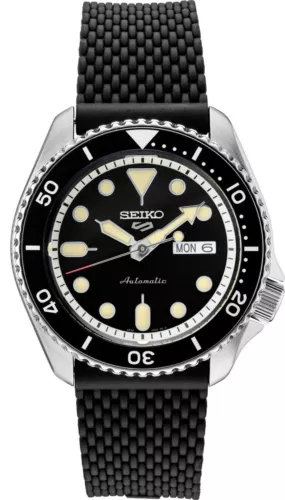 New Seiko SRPD95 Men's Black Dial Watch with Black Bezel Stainless Steel Case