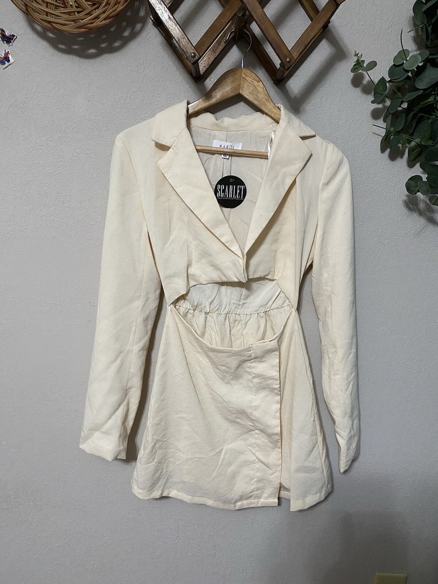 MABLE Cut To Business cream long sleeve wrap front mini dress cutout collar  Sm | eBay