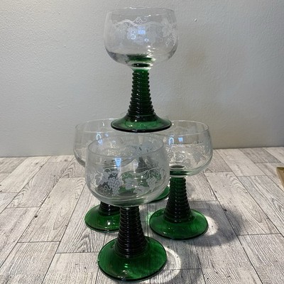 5 Vtg French Luminarc Emerald Green Beehive Stem Grape Etched Bowl Wine Glasses*