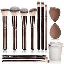 Coffee-Colored Makeup Brush Set with Wooden Handles 10-Piece Ladies Cosmetic Too