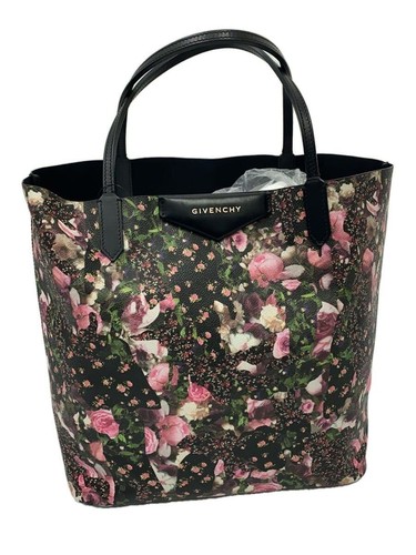 GIVENCHY Tote Bag Leather BLK Floral With Pouch Used