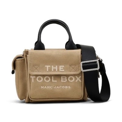 Marc Jacobs THE TOOL BOX Beige Top Handle Bag Embroidered Logo Detachable Strap