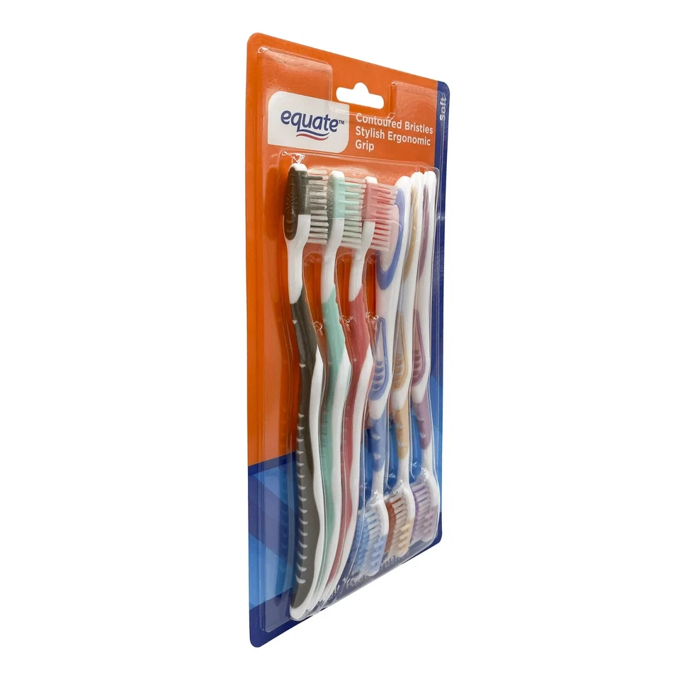 Paquete de 6 cepillos de dientes manuales Equate Soft - cerdas contorneadas y agarre ergonómico Foto 2 de 4