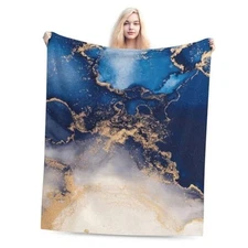 Blue Gold Marble Print Bed Blanket Ultra Soft Throw M(50"x60") Marble #03