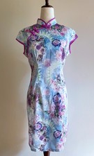 Vintage Chinese Asian Oriental Pastel Pink Blue Floral Qipao Cheongsam Dress