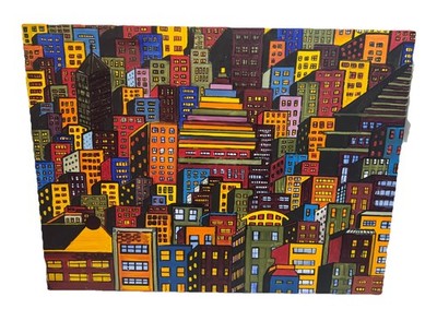 Original Abstract Cityscape Painting Colorful Geometric Buildings Signed CA