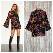 Lulus L Perfected Charm Floral Bell Sleeve Chiffon Mini Shift Dress Black Rose