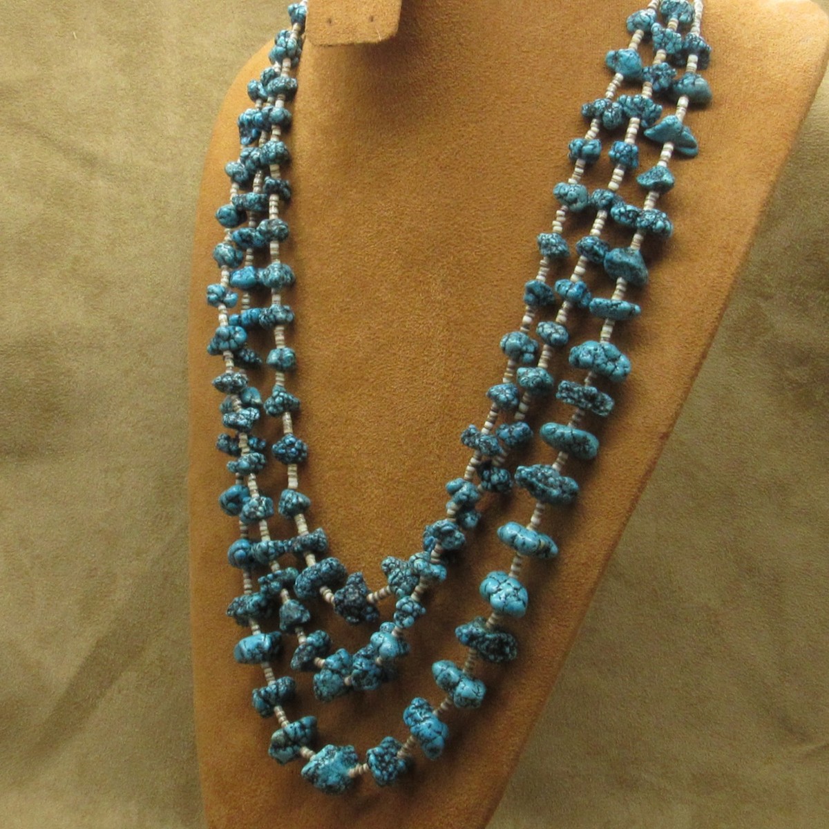 Vintage Dyed Turquoise Nuggets on Multi-Strand Heishi Necklace View 5