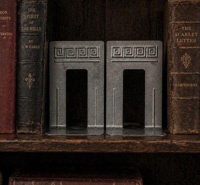 Pair (2) Vintage Art Deco Bookends WT ROGERS GREEK KEY Gray - Madison WI