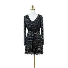 City Studio Black Gold Metallic Polka Dot Dress Womans Size L Belted V Neck