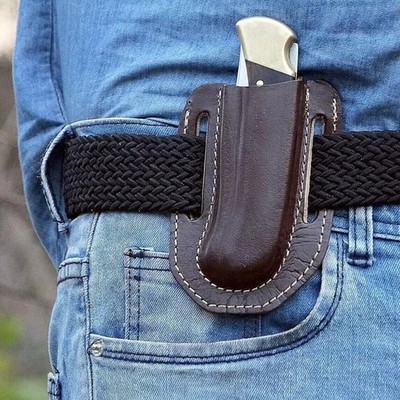 Handmade Brown Leather Sheath Vertical Belt for Buck 110 Folding Pocket Knife