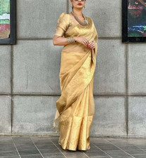 Embellished Banarasi Handloom Art Silk Saree with Unstitched Blouse Beige, Gold