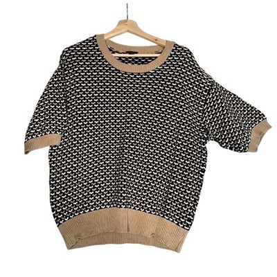 VTG Ann Taylor Factory Sweater Womens Sz XLHoliday Black Tan Short Sleeve Top