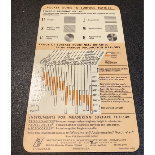 Pocket Guide To Surface Texture Micrometrical Bendix Engineering Card Materials