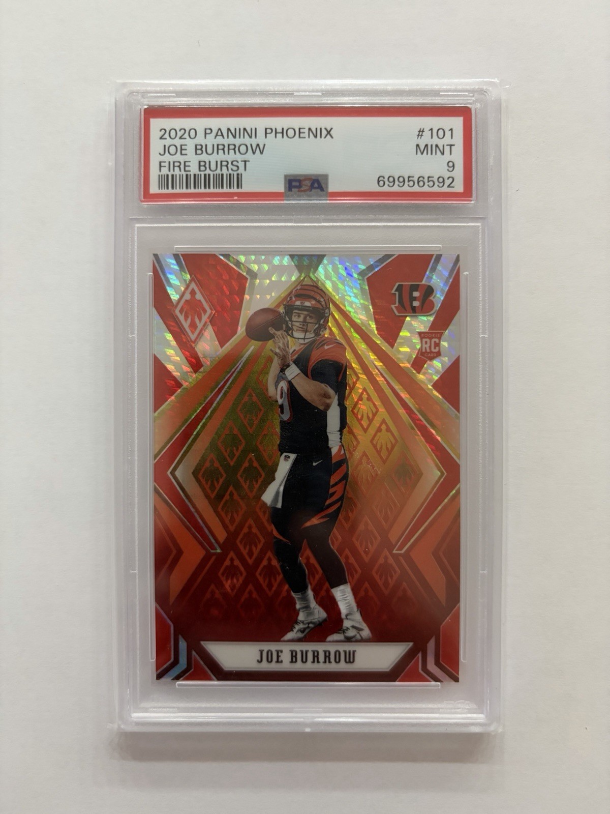 2020 Phoenix Joe Burrow FIRE BURST Holo Rookie Card. PSA 9 Mint. Bengals Star