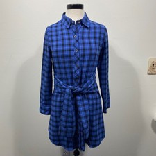 NWT STEVE MADDEN Blue Black Plaid Shirt Dress Tie Waist XS