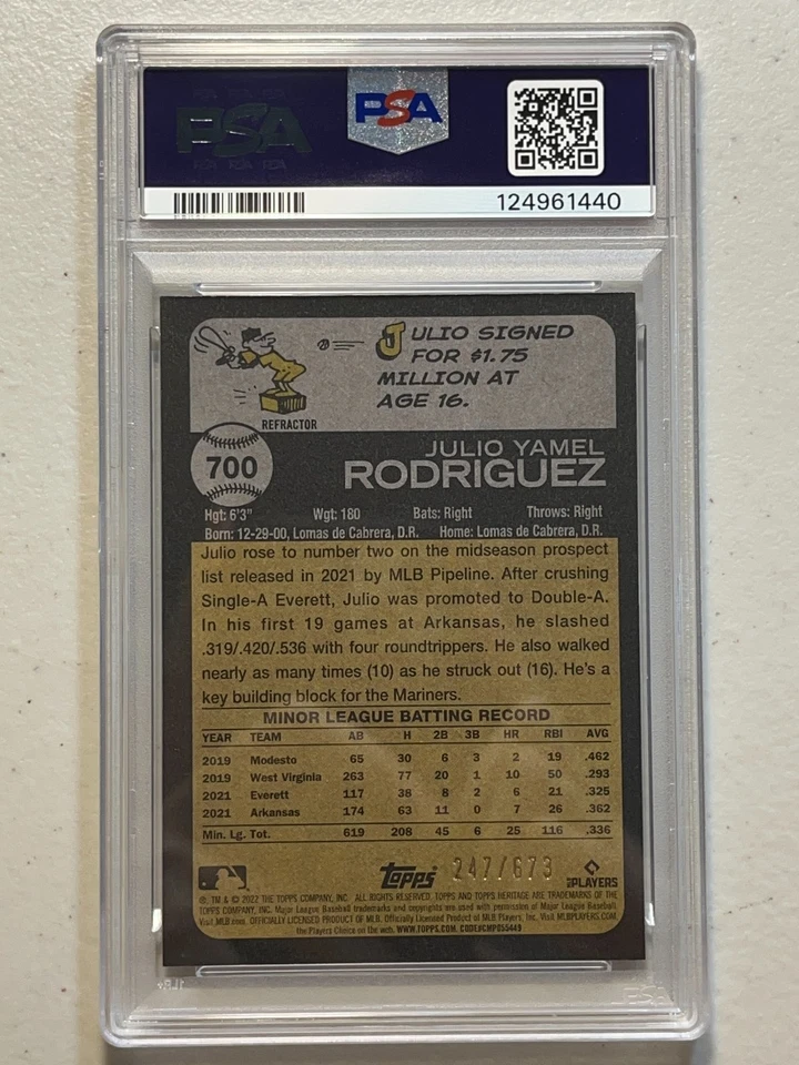 Julio Rodriguez PSA 9 2022 Topps Heritage /673 Chrome Refractor RC Rookie #700 - Image 2 of 4