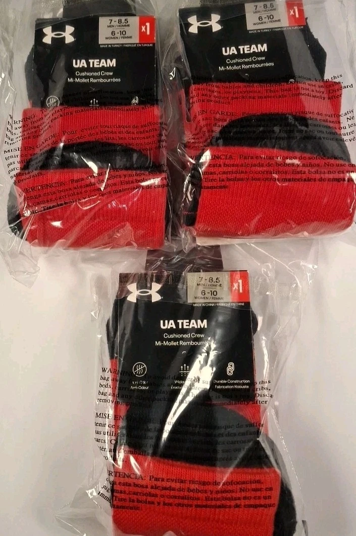 Under Armour 3 Pairs Cushioned Team Crew Socks M7-8.5/W6-10, Red