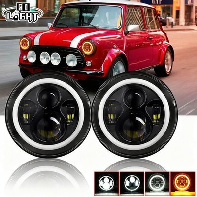 2x E-Geprüft 7'' Rund LED Scheinwerfer Schwarz Halo Abblend/Fernlicht Mini Austin