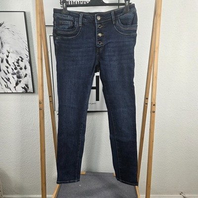 Jewelly Stretch Denim Jeans Knopfleiste Boyfriend Slim Baggy dark blue L/40