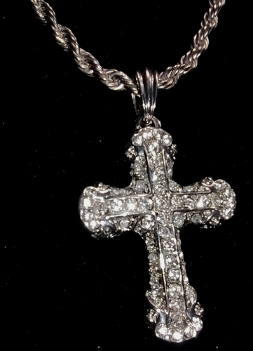 Thick Silver Tone Rope Necklace with Stunning Large Cross Pendant (CZ's) - Picture 4 of 21
