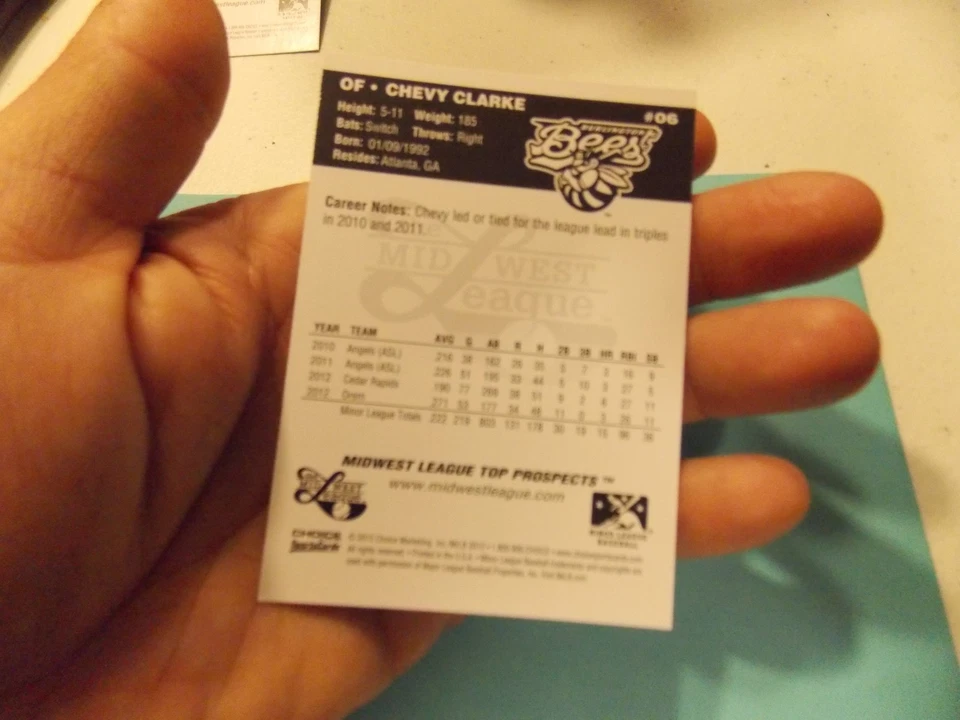 2013 Choice Midwest League Top Prospects #06 Chevy Clarke Burlington Bees Card - Image 2 of 2