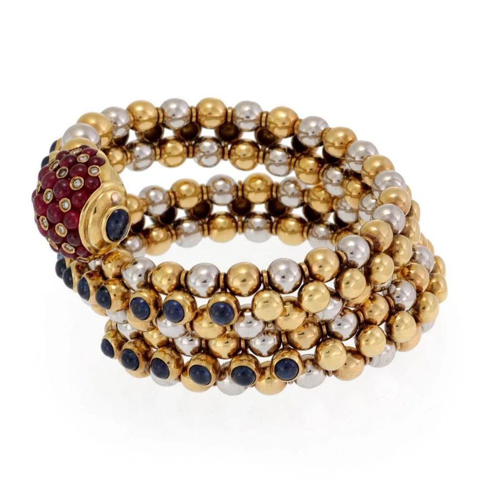 Brazalete envolvente vintage de 3 filas de diamantes y zafiros rubí de 11,25 quilates con cuentas Foto 2 de 4
