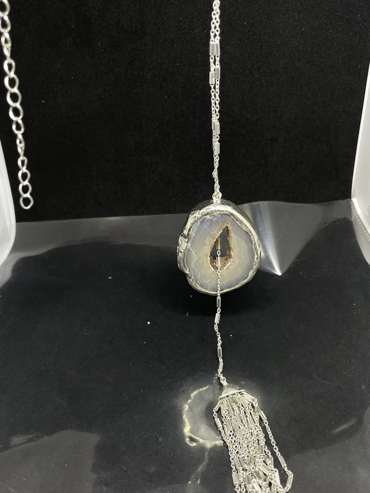 "Collar deslizante borla y cadena ágata druzy tono plata 32,5""-35,5""" Foto 4 de 4