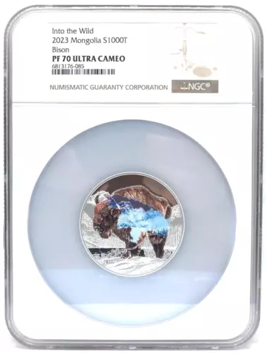 2023 Mongolia 1000 Togrog 2oz INTO THE WILD BISON .9999 Silver NGC PF70