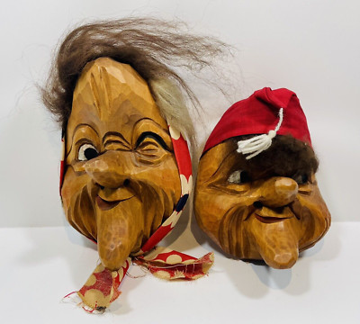 Wooden Carnival Masks Set of 2 Large Vintage Hand Carved from Switzerland
