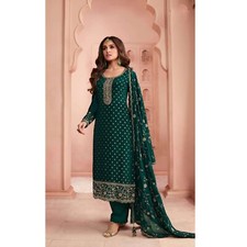Green Color Indian Designer Embroidery Worked Salwar Kameez Trouser Pant Suits