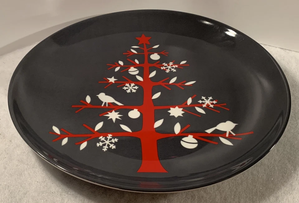 Caja y barril retirado ÁRBOL ROJO 13,5" plato redondo: Navidad • Gris • Pájaros Foto 3 de 4