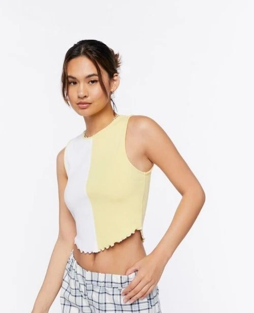 Forever 21 Women s Yellow White Colorblock Lettuce Edge Tank Top