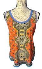 PEACHPUFF® Womens Small Boho Blouse Flowy Bohemian Orange Blue Geometric Paisley