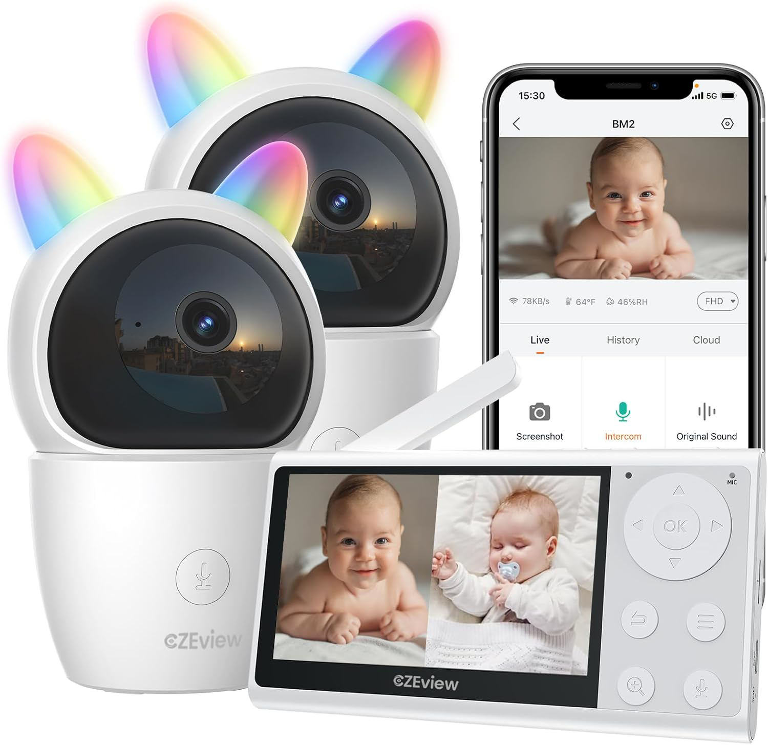 Baby Monitor with Audio and 2 Camera, Split Video Monitor Screen, Nightlight and-image
