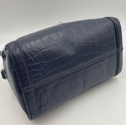 Alexander McQueen Croco Embossed Leather Handbag Small Boston Bag Navy Used - Picture 5 of 11