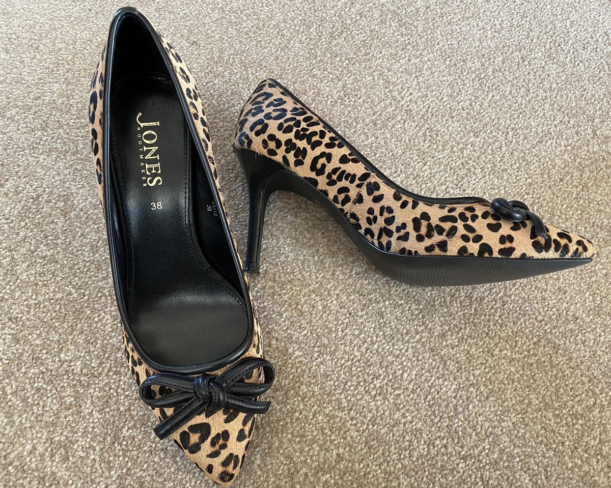 🖤 JONES BOOTMAKER BLACK LEATHER LEOPARD PONYSKIN BOW FRONT HEELS