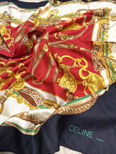 CELINE Silk Scarf 33in Red Gold Chain Tassel Square Classic Luxury