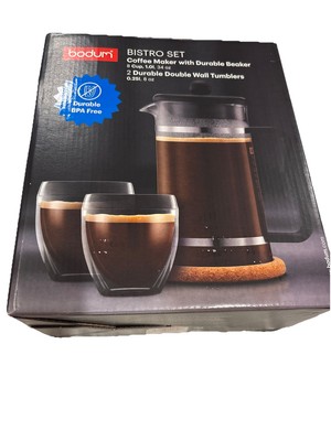 Bodum Bistro Coffee Set French Press  34 Oz + 2 Wall Tumblers 8 Oz *Logo On Item